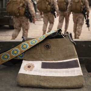 Coffee Upcycle One Of A Kind Olive Messenger Bag with Floral Strap